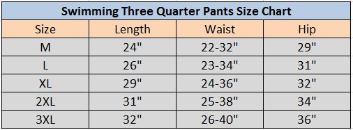 Three Quarter Swimming Swimming Pants Size Chart